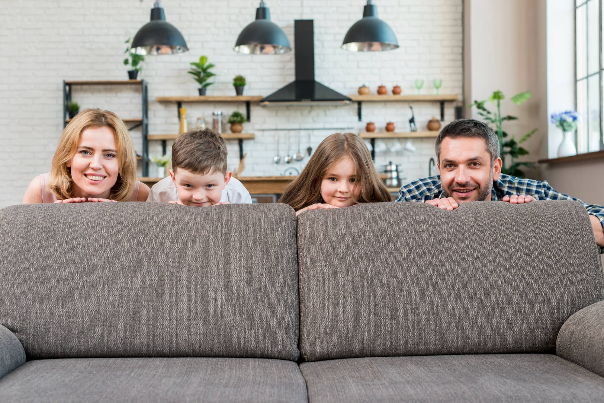 Family around couch